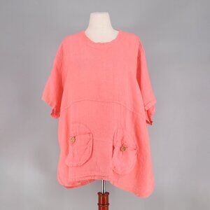 MADE IN ITALY Linen Short Sleeve Tunic Top in Salmon Orange OS